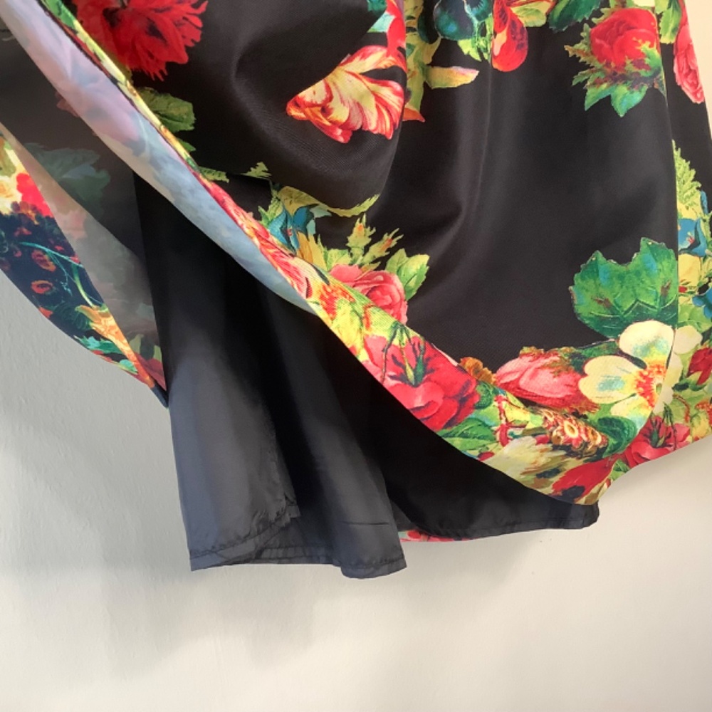 Modern Vintage Volume Pleated A Line Skirt Pocket Floral Vivid Red Yellow Black - Picture 3 of 6